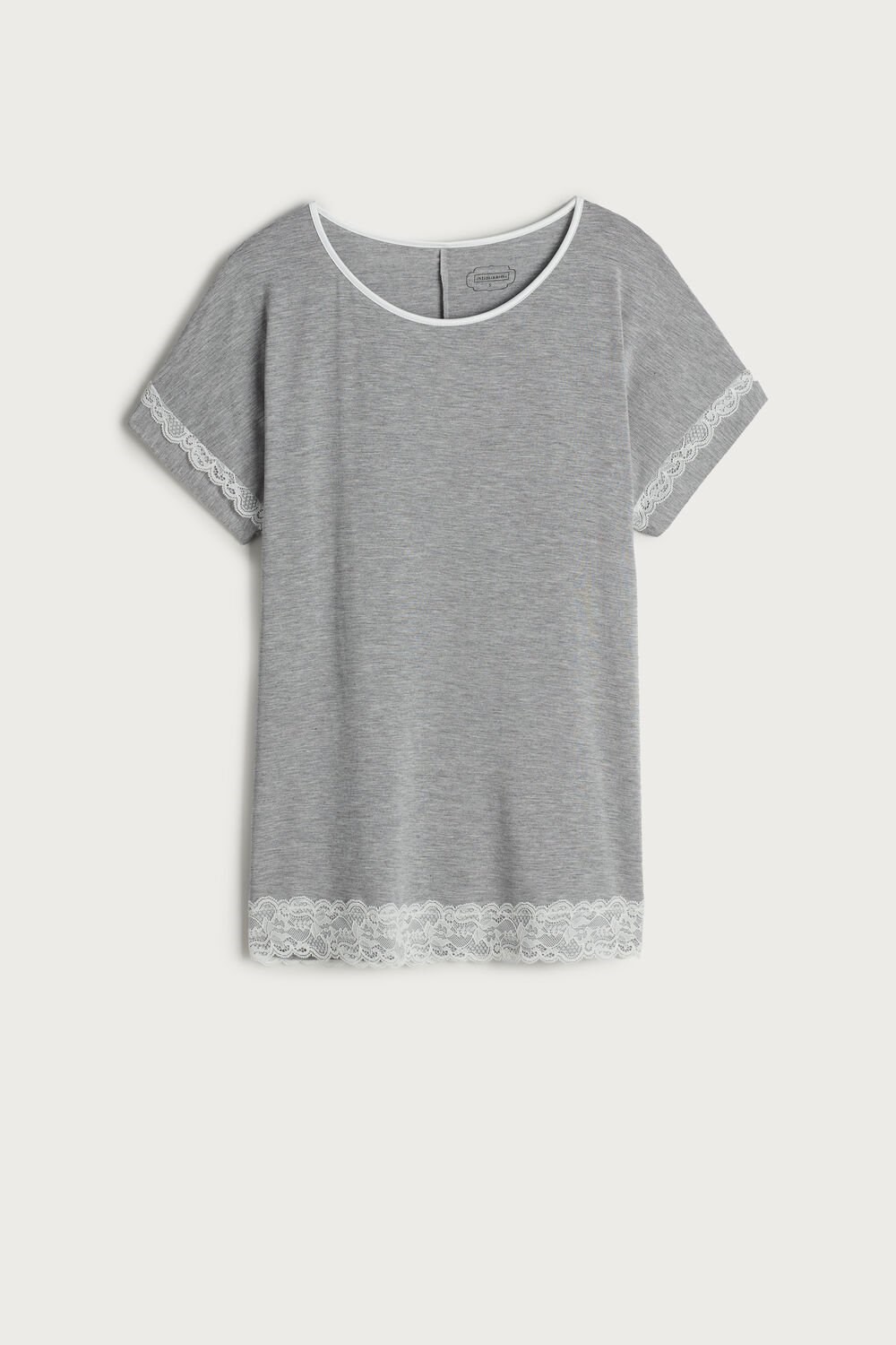 Grey - 031 - Light Heathered Grey Intimissimi Short-Sleeve Modal Top with Lace Detail | NEJMP9536