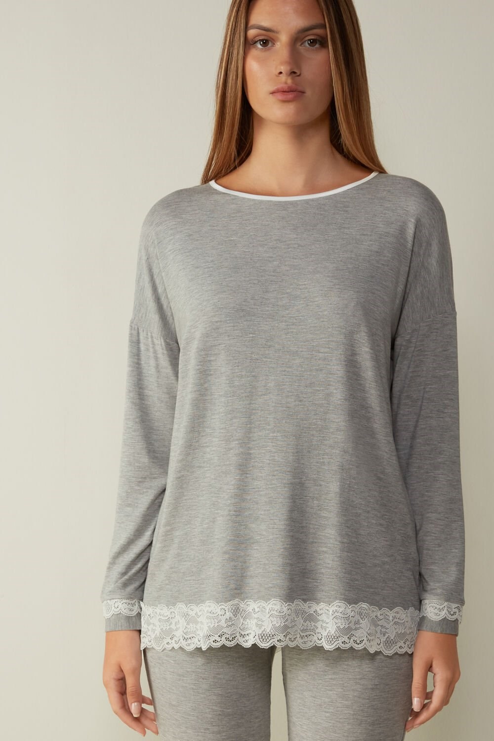 Grey - 031 - Light Heathered Grey Intimissimi Long-Sleeve Round-Neck Modal Top | NRCPH6817