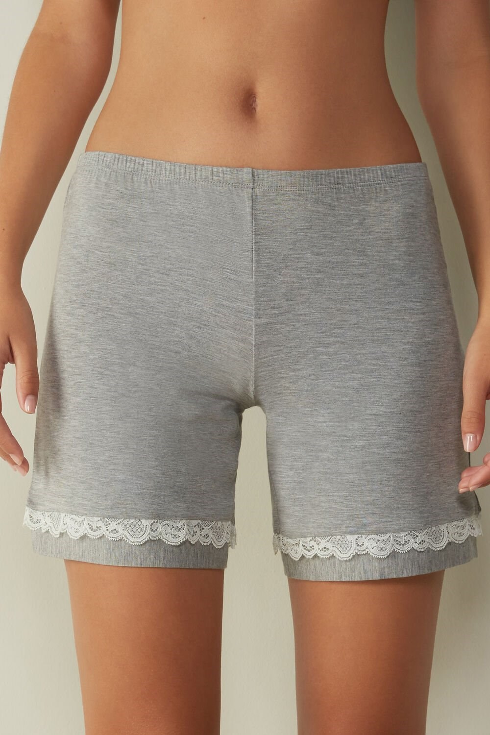 Grey - 031 - Light Heathered Grey Intimissimi Modal Shorts with Lace Details | TOEFC1938