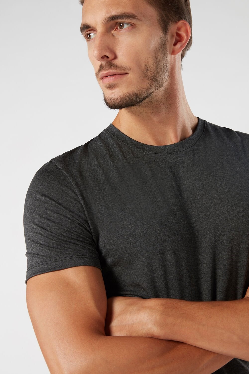 Grey - 040 - Dark Grey Blend Intimissimi Modal and Silk T-shirt | RBVYA2941