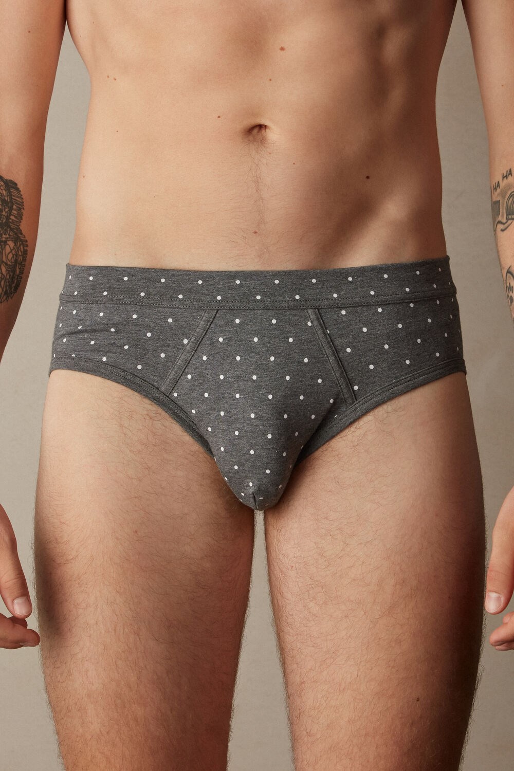 Grey - 063j - Graphite Grey Heather Dot Print Intimissimi Dotted Briefs in Stretch Supima® Cotton | BSCGK9326