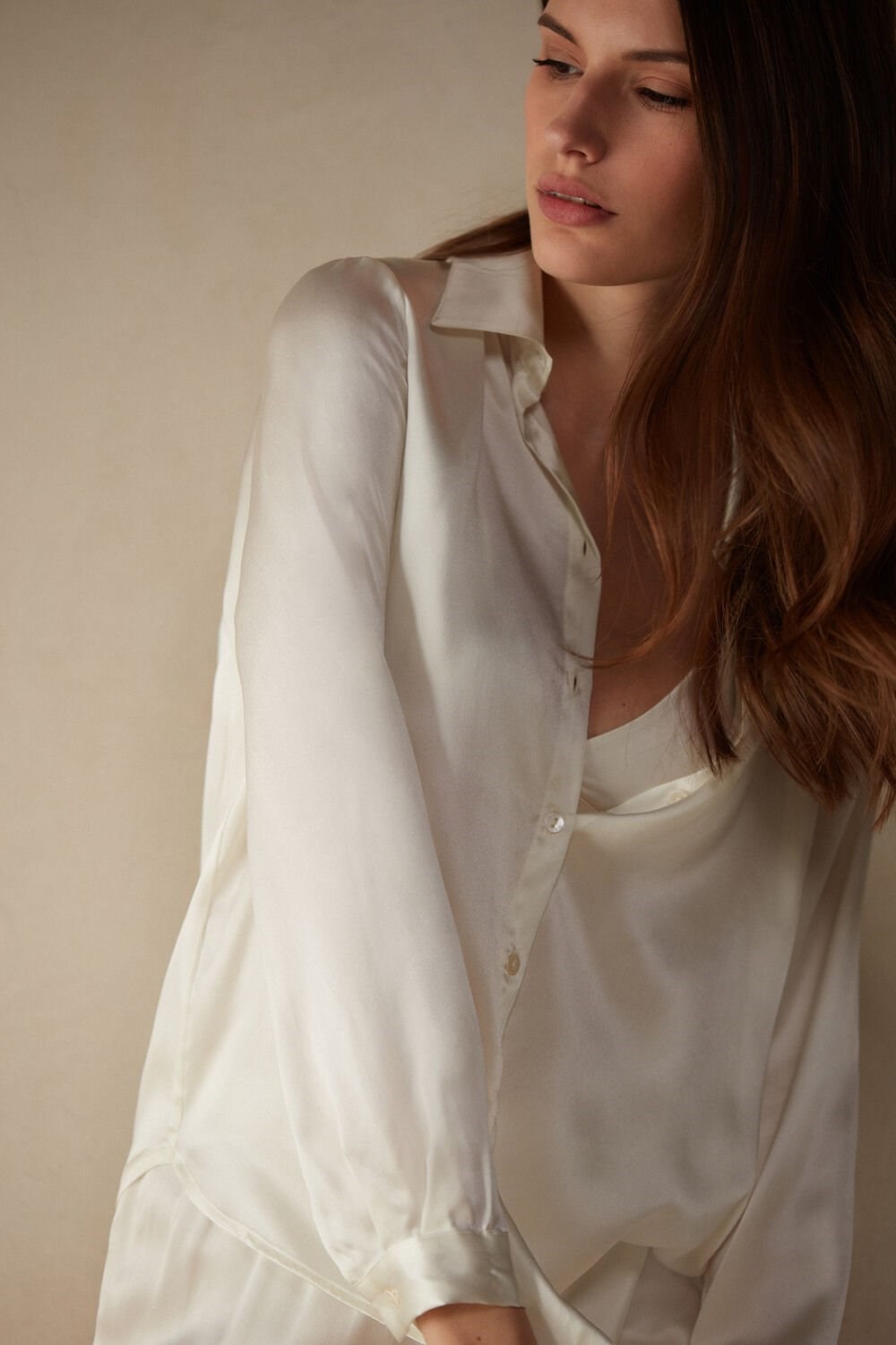 Ivory - 2127 - Talc White Intimissimi Long Sleeve Silk Shirt | VQNBH2147