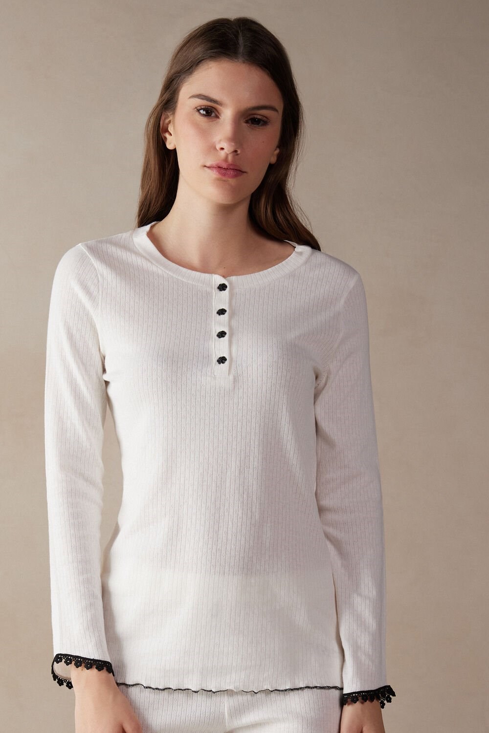 Ivory - 2127 - Talc White Intimissimi Pure Joy Long Sleeve Henley Top | ZUASQ0839