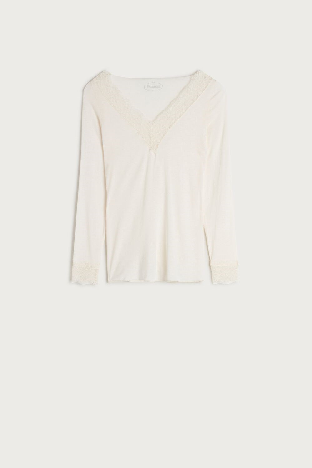 Ivory - 231i - Vanilla Intimissimi Modal Cashmere Ultralight Long Lace Shirt | QMIHU2793