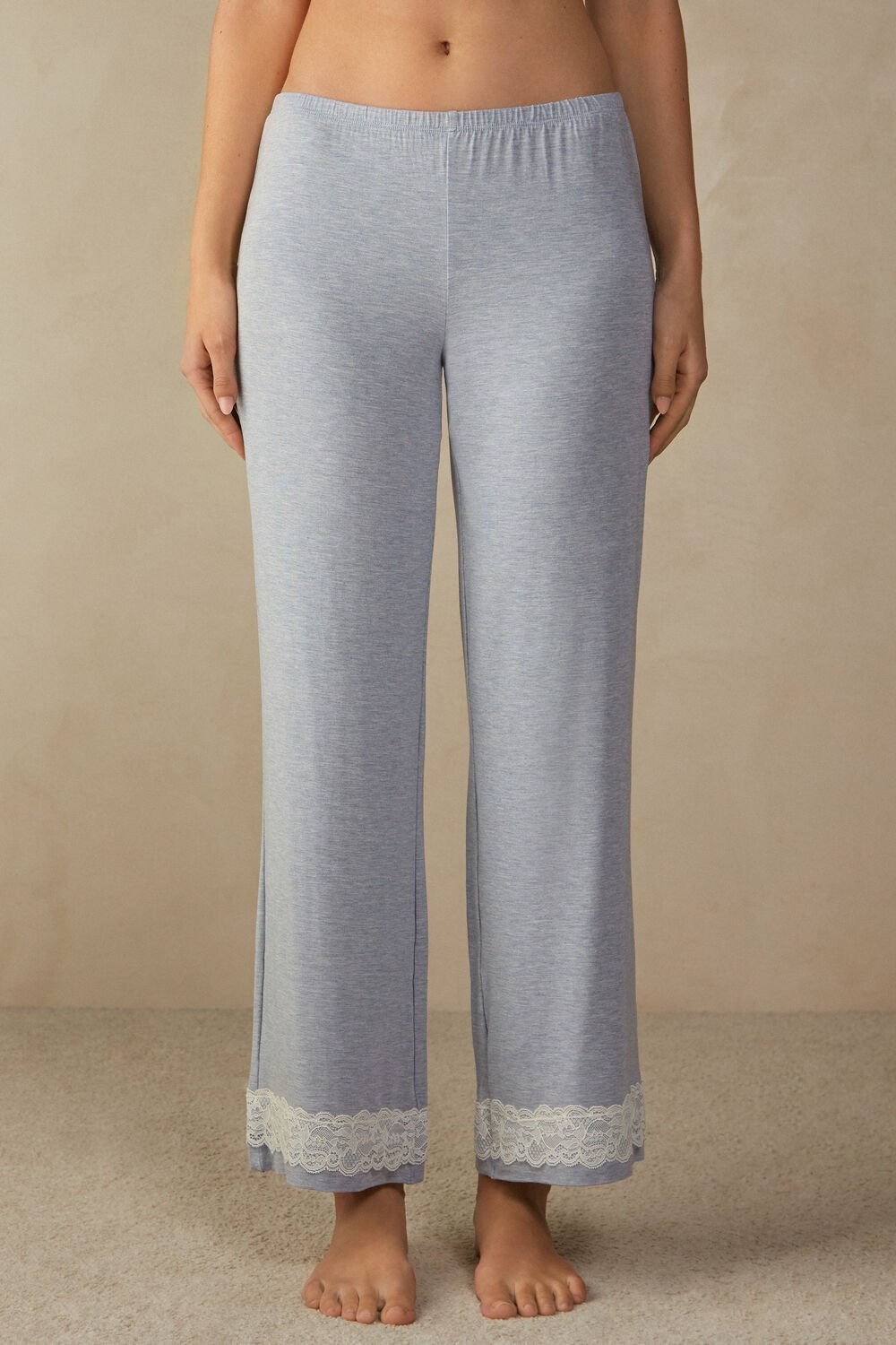 Light Blue - 009j - Heathered Light Blue Intimissimi Lace Trim Full Length Pants in Modal | OGVUR0358