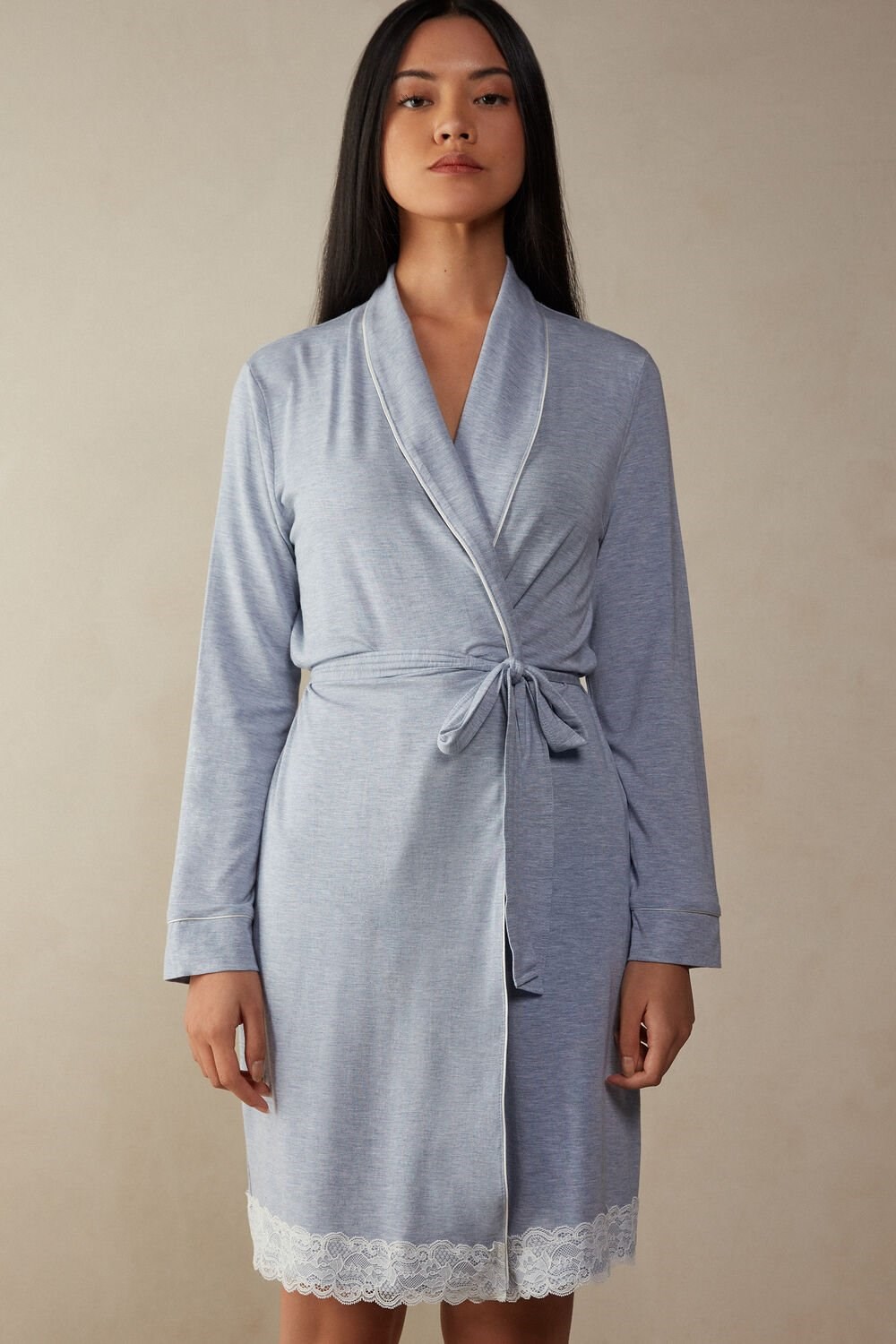 Light Blue - 009j - Heathered Light Blue Intimissimi Modal Lace Detail Robe | QFYOW8134