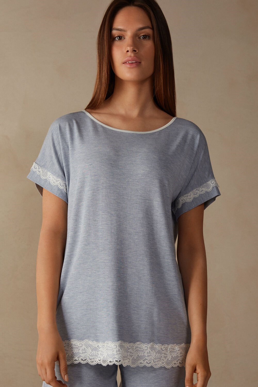 Light Blue - 009j - Heathered Light Blue Intimissimi Short-Sleeve Modal Top with Lace Detail | QPHJS8920