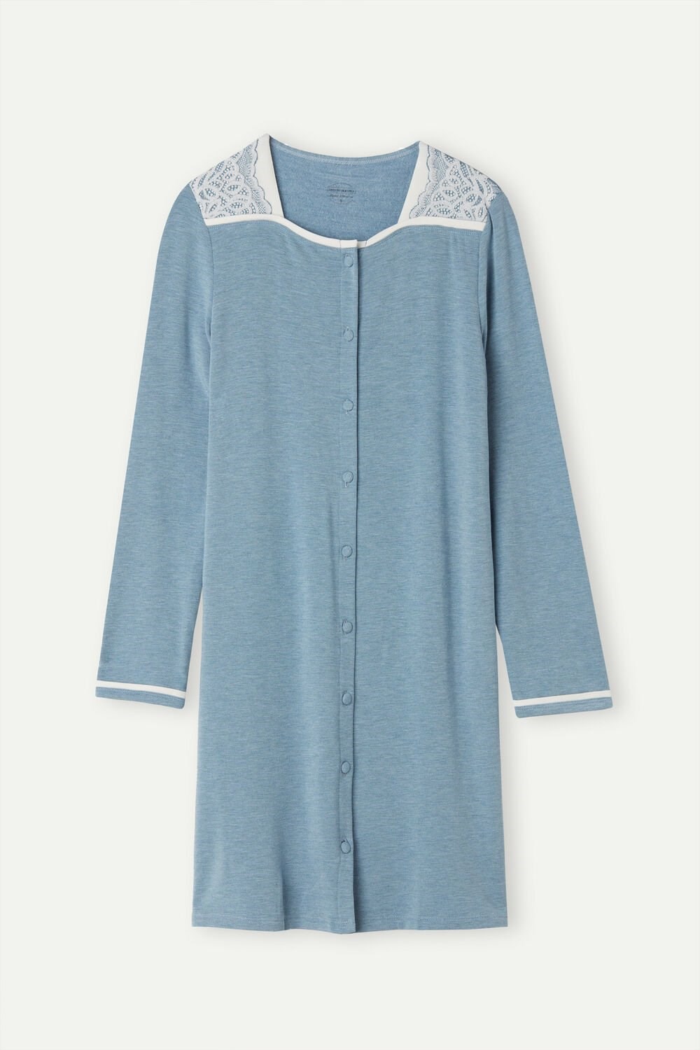 Light Blue - 145j - Light Blue Heather / Powder Intimissimi Romantic Bedroom Button Up Night Shirt in Modal with Wool | JPAYC1620