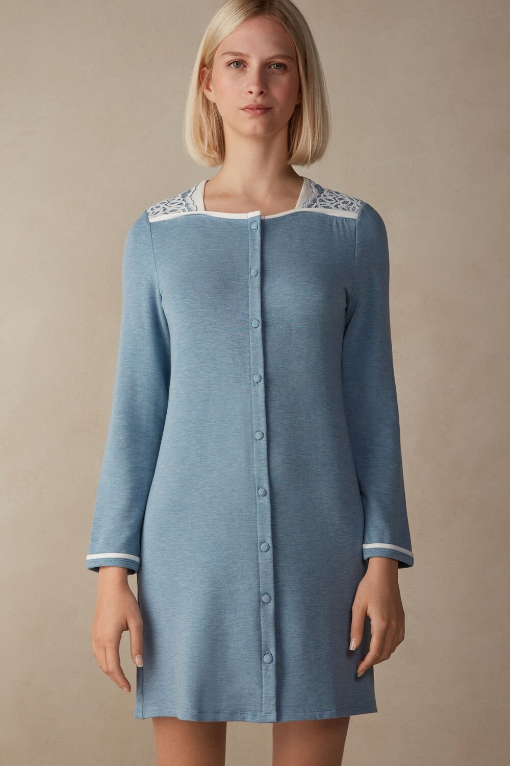 Light Blue - 145j - Light Blue Heather / Powder Intimissimi Romantic Bedroom Button Up Night Shirt in Modal with Wool | JPAYC1620