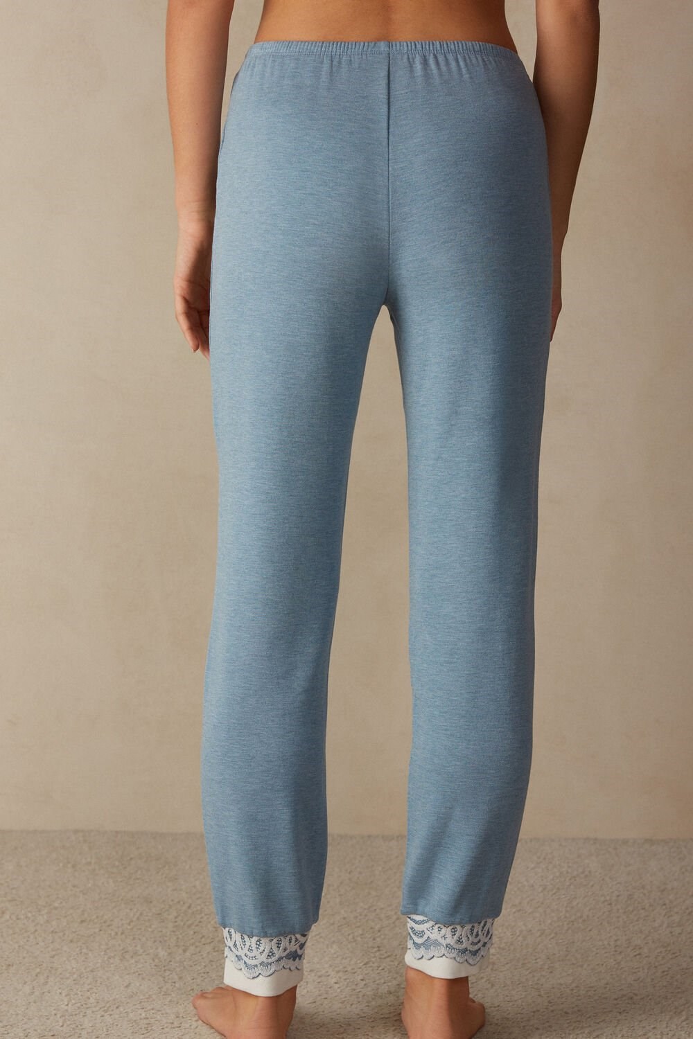 Light Blue - 145j - Light Blue Heather / Powder Intimissimi Romantic Bedroom Cuffed Full Length Pants in Modal with Wool | TEURC3869