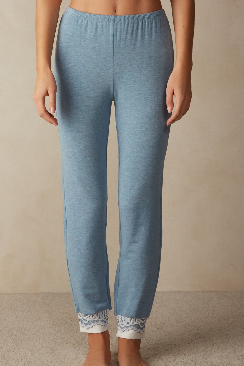 Light Blue - 145j - Light Blue Heather / Powder Intimissimi Romantic Bedroom Cuffed Full Length Pants in Modal with Wool | TEURC3869