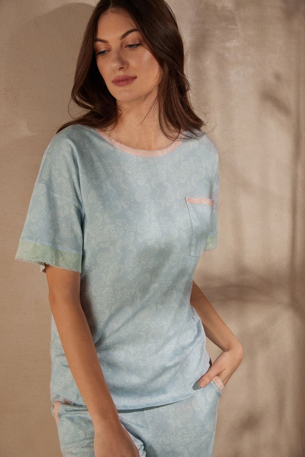 Light Blue - 226j - Romantic Cashmere Print Intimissimi Romantic Cashmere Short Sleeve Cotton Top | DNQSJ3108