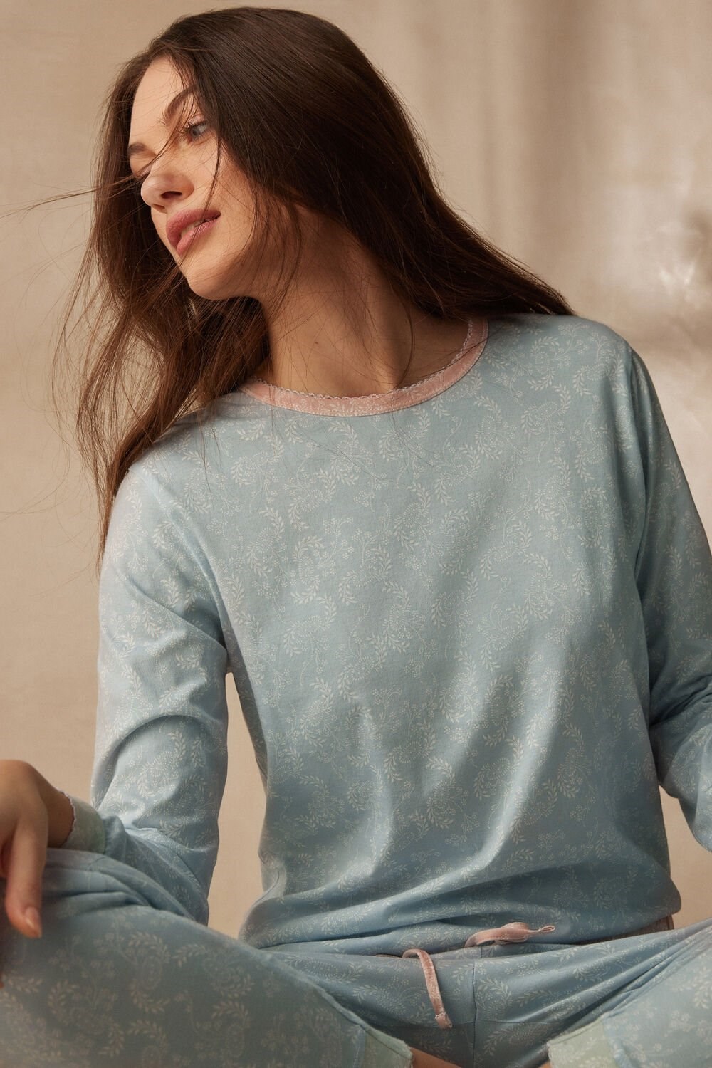 Light Blue - 226j - Romantic Cashmere Print Intimissimi Romantic Cashmere Long Sleeve Cotton Top | XMAUC1958