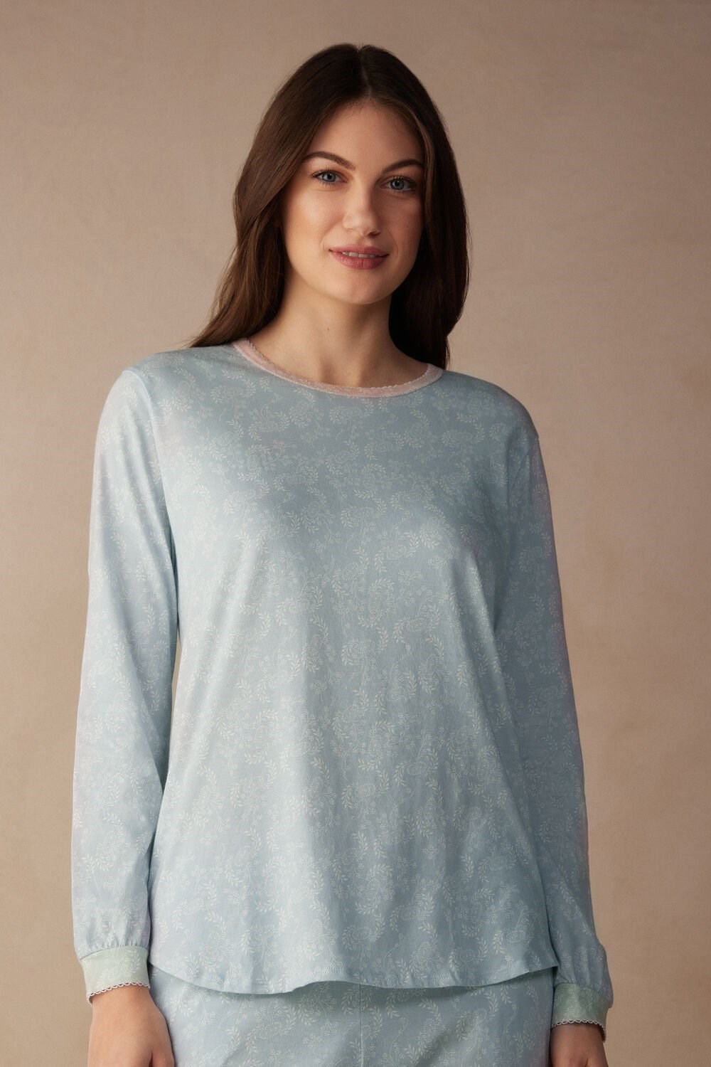 Light Blue - 226j - Romantic Cashmere Print Intimissimi Romantic Cashmere Long Sleeve Cotton Top | XMAUC1958