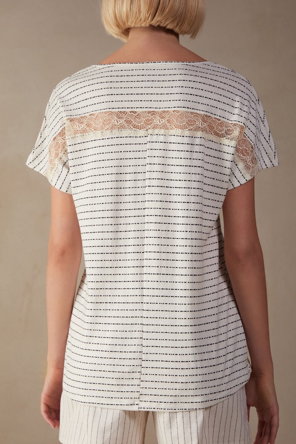 Light Blue - 6700 - Butter White Pinstripe Intimissimi Romantic Heritage Short Sleeve Cotton Jersey Top | HMDOZ5496