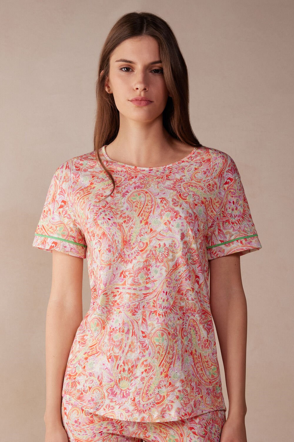 Multicolor - 240j - Summer Cashmere Print Intimissimi Summer Journey Ultrafresh Supima® Cotton Short Sleeve Top | MWSCU7819