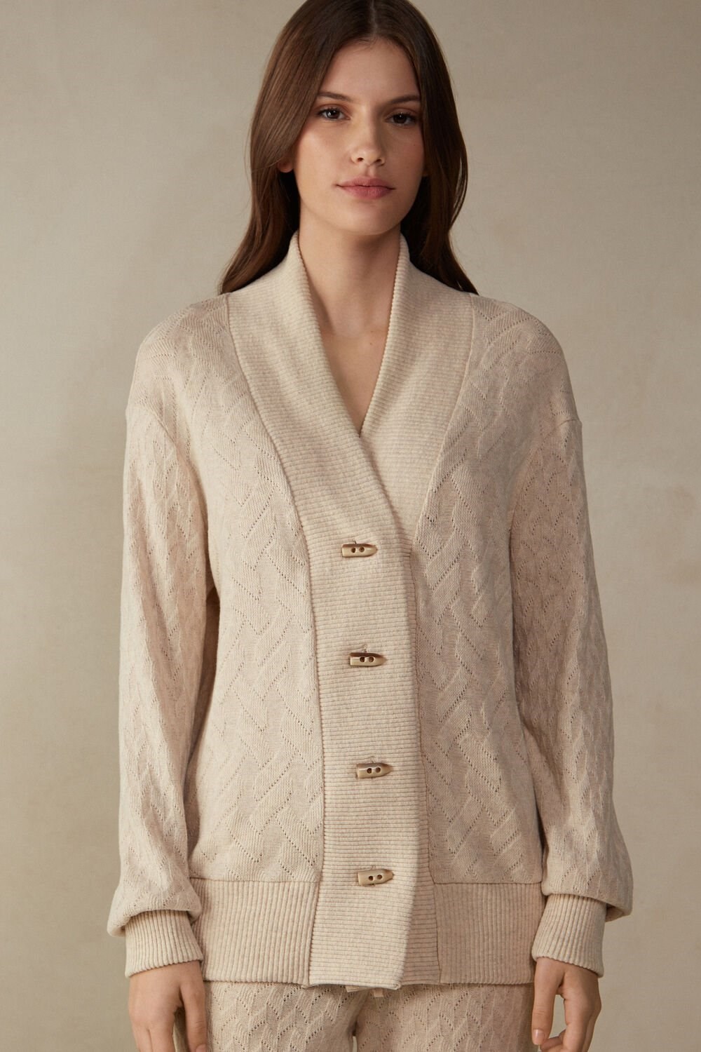 Natural - 2106 - Beige Blend Intimissimi Winter Braid Long Sleeve Jacquard Cardigan | GDPHX9205