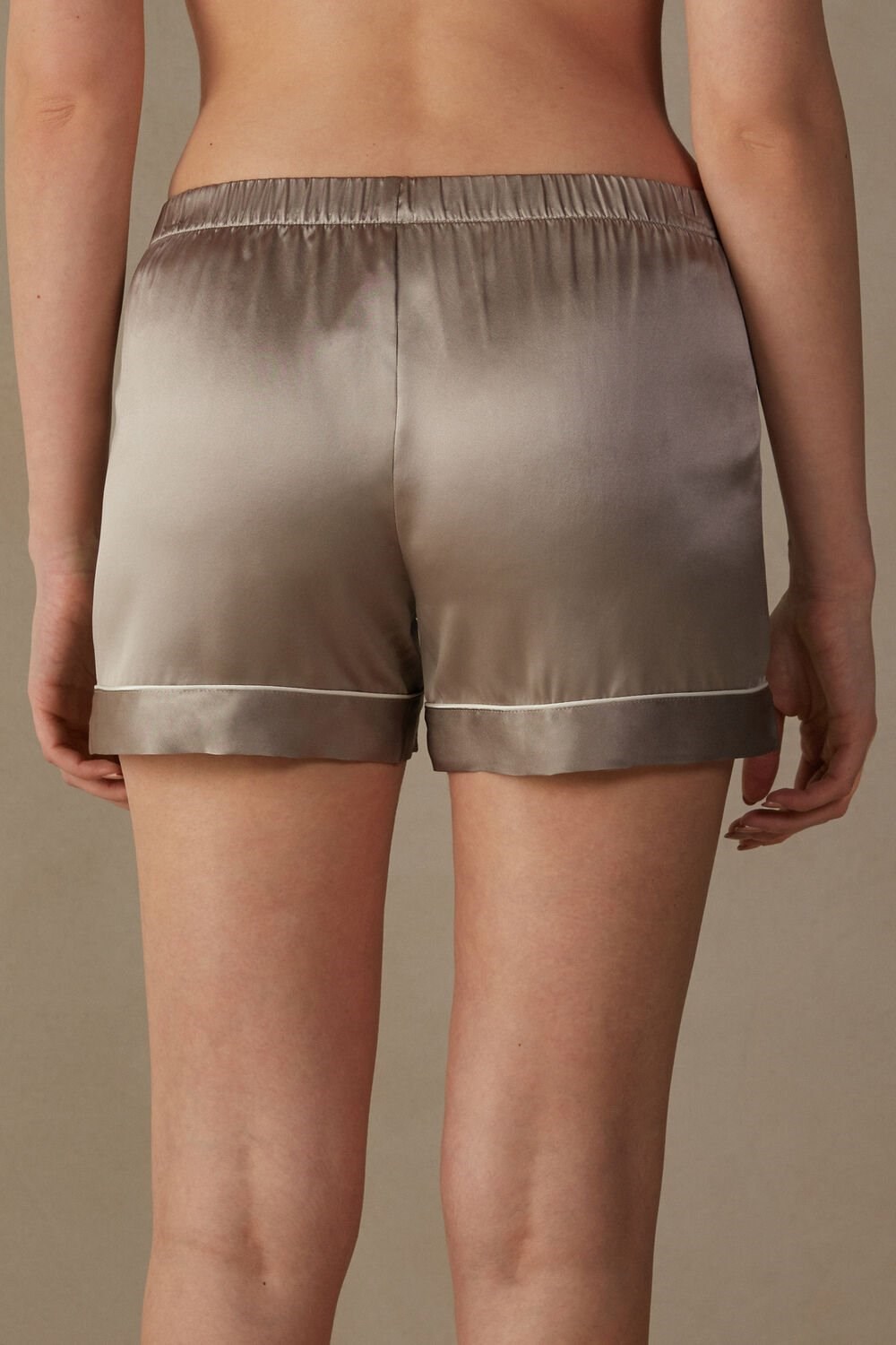 Natural - 651i - Powder Beige Intimissimi Silk Shorts with Contrast Trim | FPLOD9421