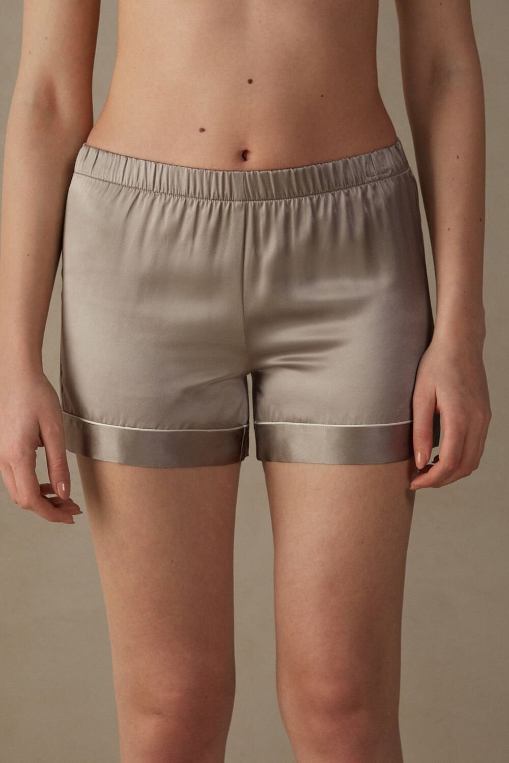 Natural - 651i - Powder Beige Intimissimi Silk Shorts with Contrast Trim | FPLOD9421