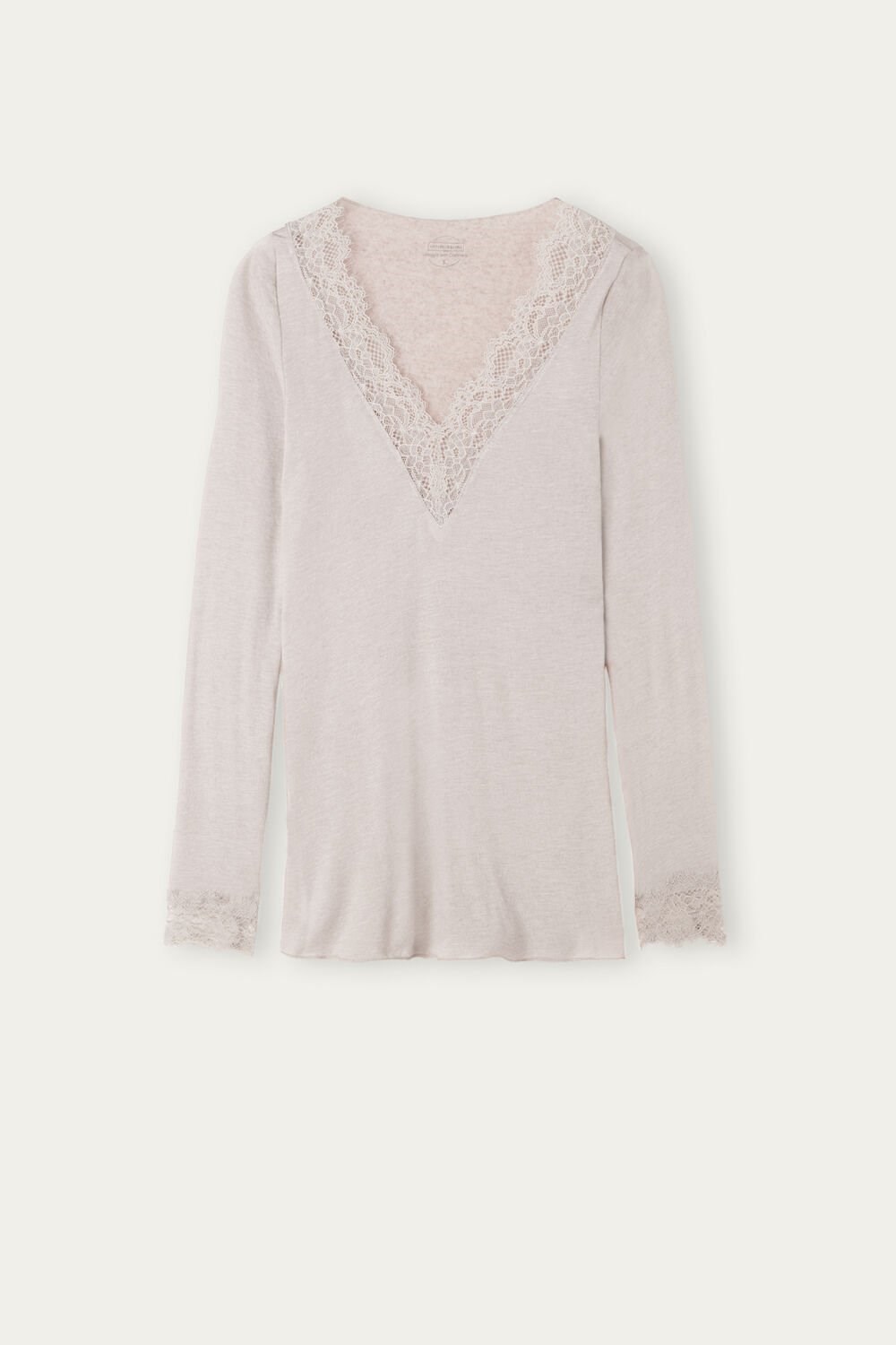 Natural - 7525 - Heather Shell Beige Intimissimi Modal Cashmere Ultralight Long Lace Shirt | NMGSC7641