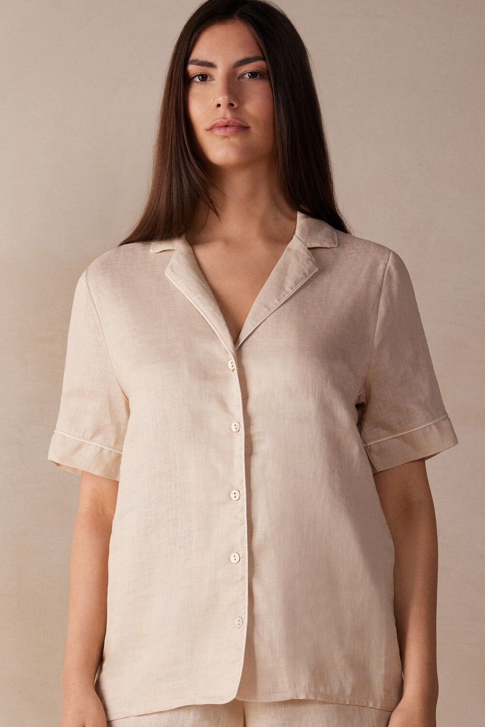 Natural - 913i - Rope Beige Intimissimi Yacht Night Linen Short Sleeve Shirt | UBONC1695