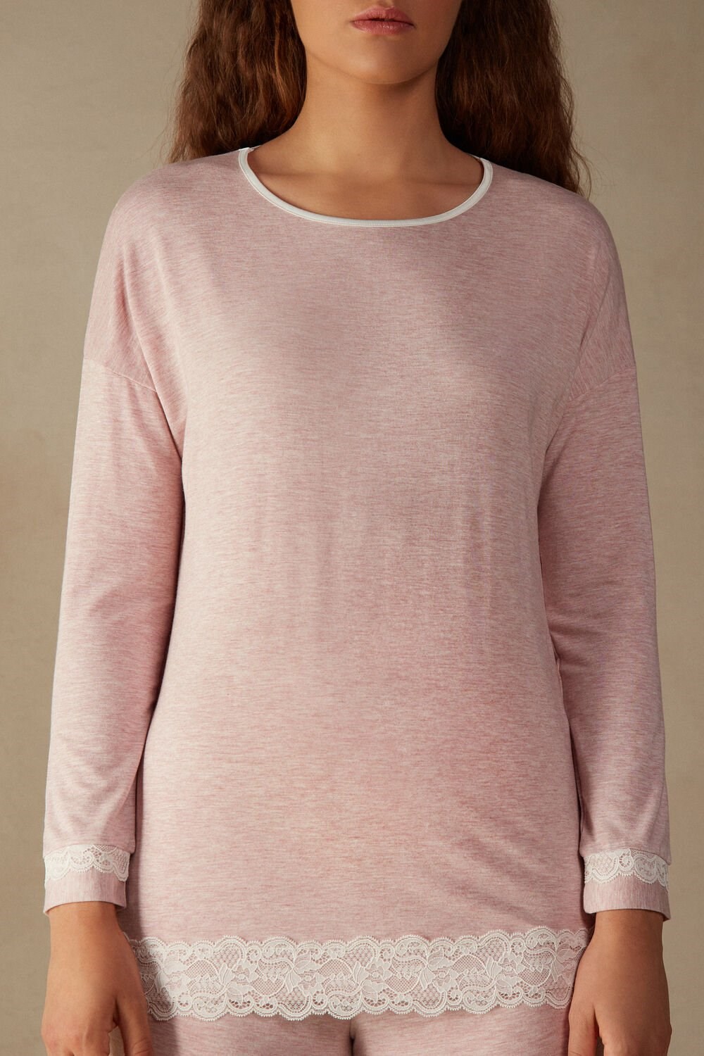 Pale Pink - 008j - Heathered Light Pink Intimissimi Long-Sleeve Round-Neck Modal Top | FRGVW0816