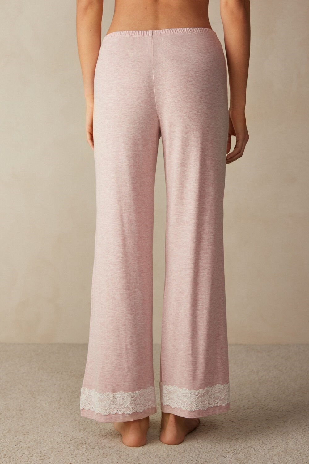 Pale Pink - 008j - Heathered Light Pink Intimissimi Lace Trim Full Length Pants in Modal | JCZRA2468