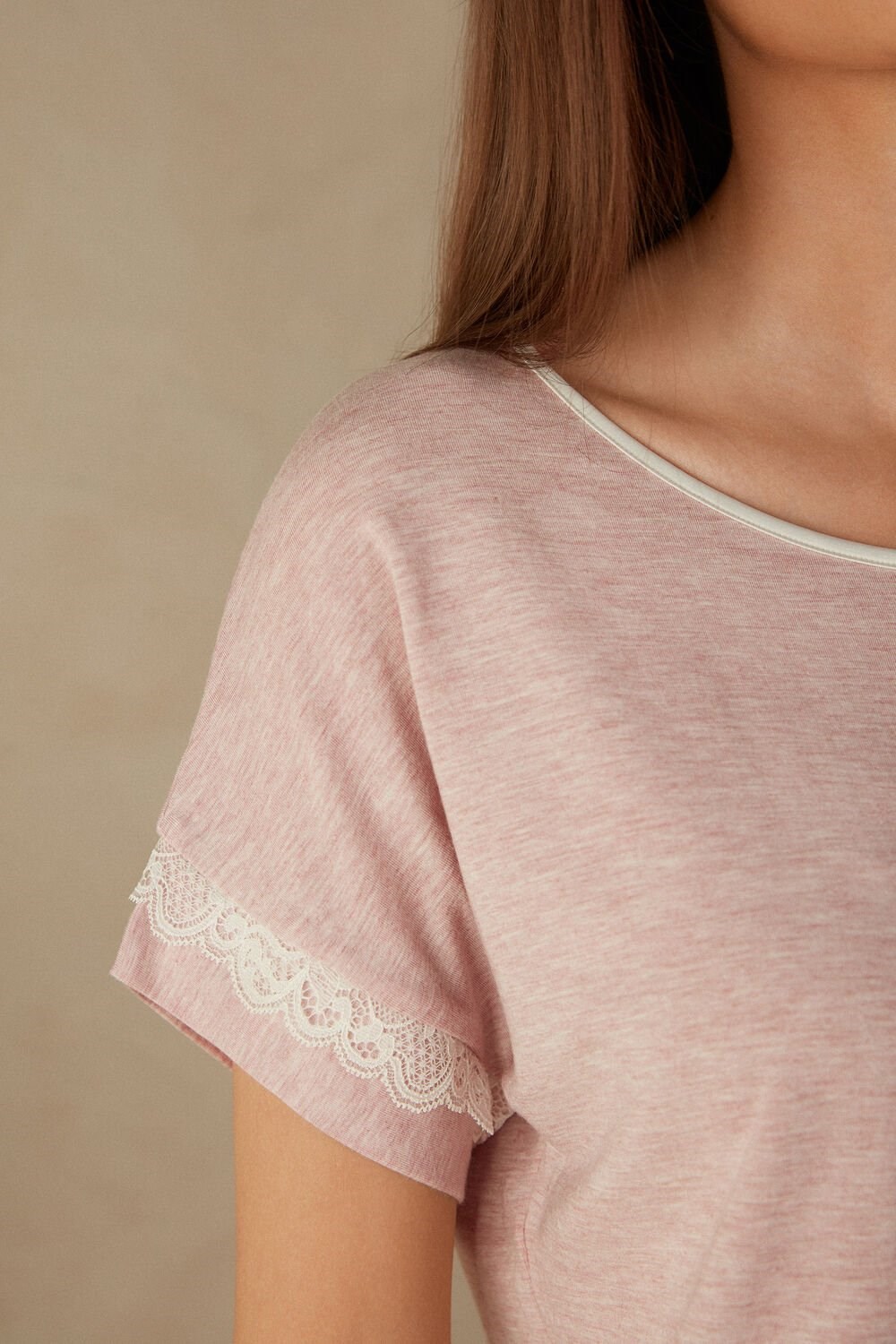 Pale Pink - 008j - Heathered Light Pink Intimissimi Short-Sleeve Modal Top with Lace Detail | UYERH9286