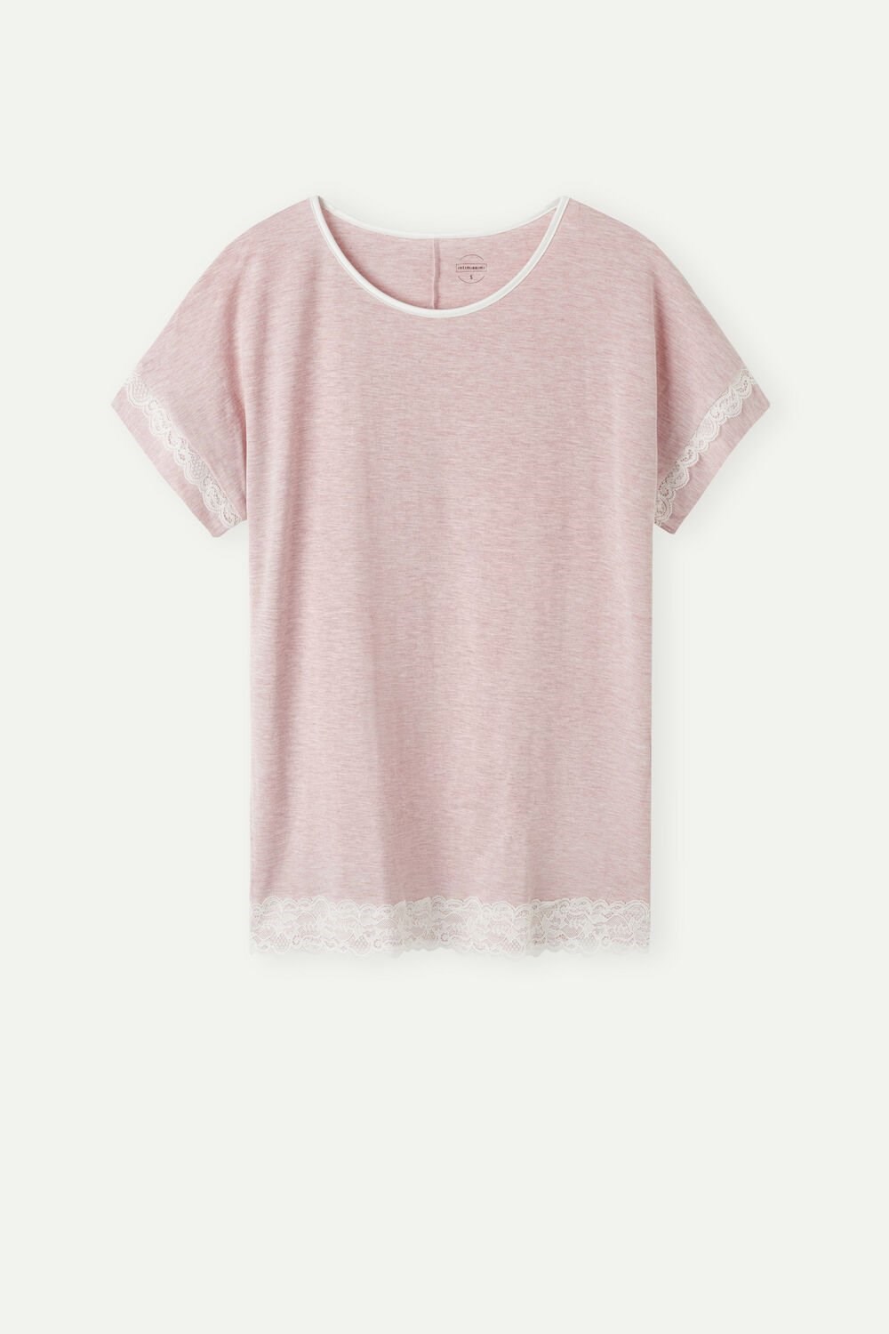 Pale Pink - 008j - Heathered Light Pink Intimissimi Short-Sleeve Modal Top with Lace Detail | UYERH9286