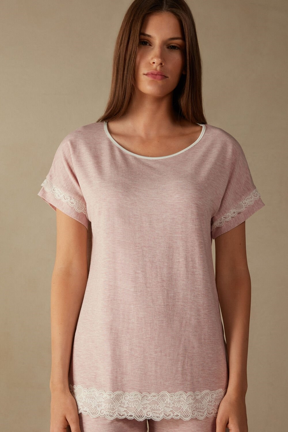 Pale Pink - 008j - Heathered Light Pink Intimissimi Short-Sleeve Modal Top with Lace Detail | UYERH9286