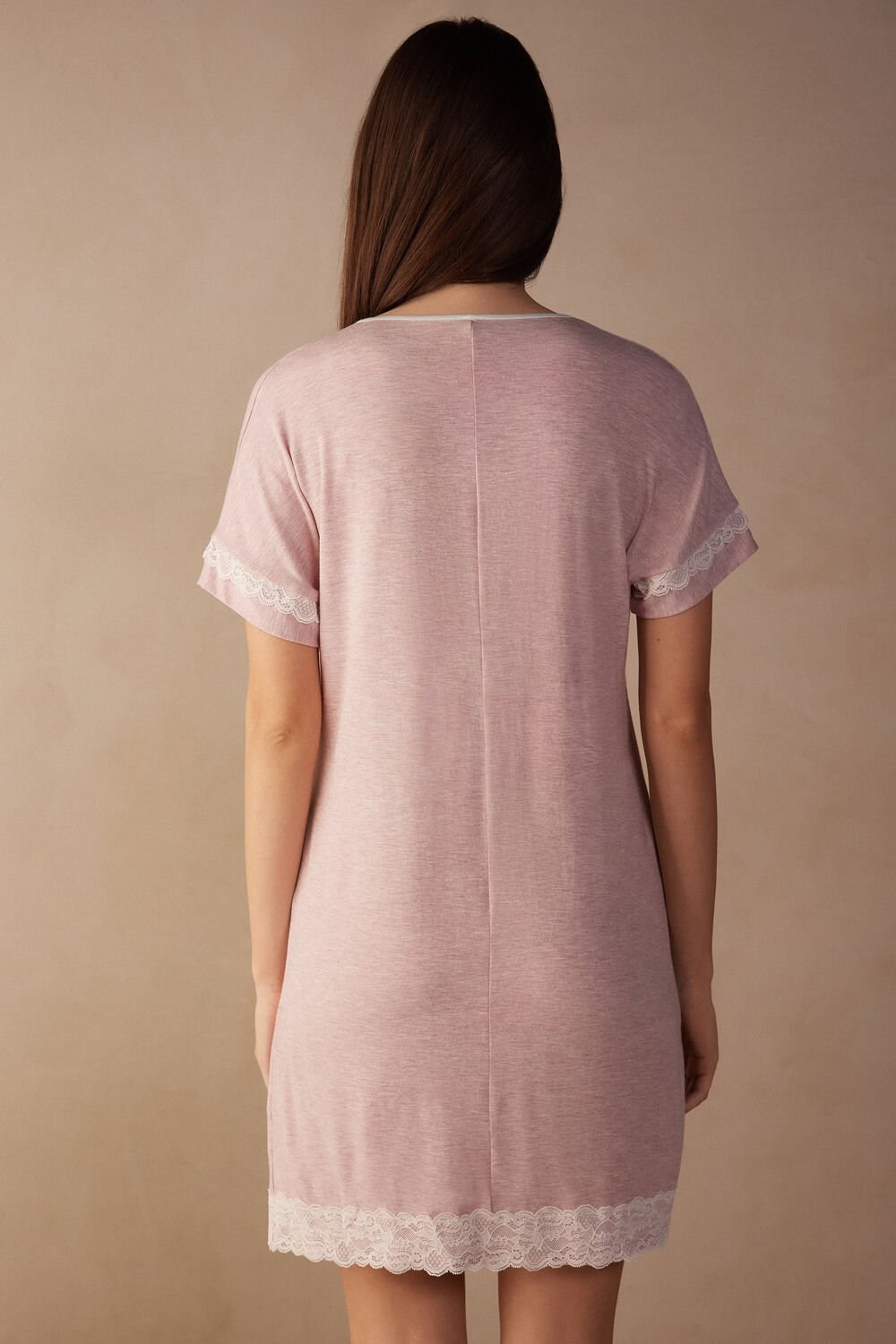 Pale Pink - 008j - Heathered Light Pink Intimissimi Lace Trim Short Sleeve Nightgown | ZQPMN0715