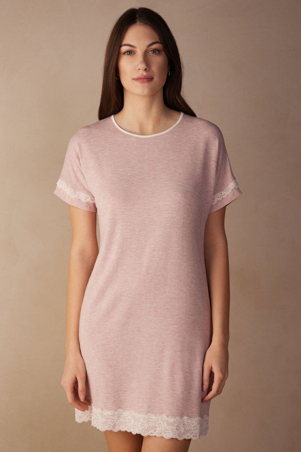 Pale Pink - 008j - Heathered Light Pink Intimissimi Lace Trim Short Sleeve Nightgown | ZQPMN0715