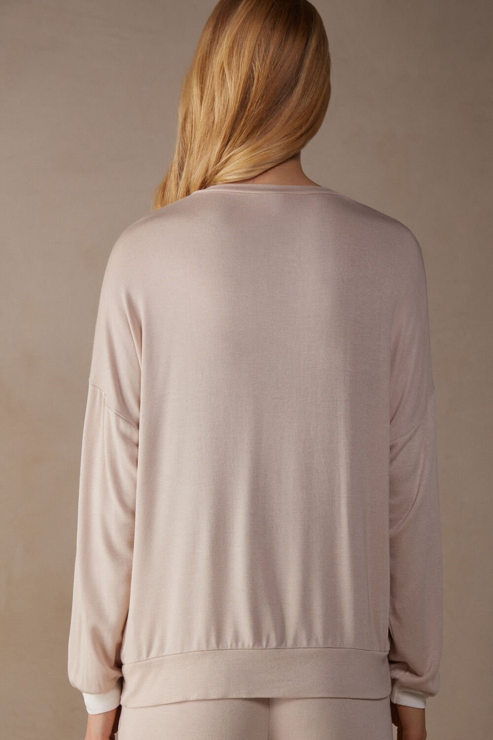 Pale Pink - 227j - Silk Pink / Talc White Intimissimi Simple Elegance Long Sleeve Top in Modal | LOXZR7063