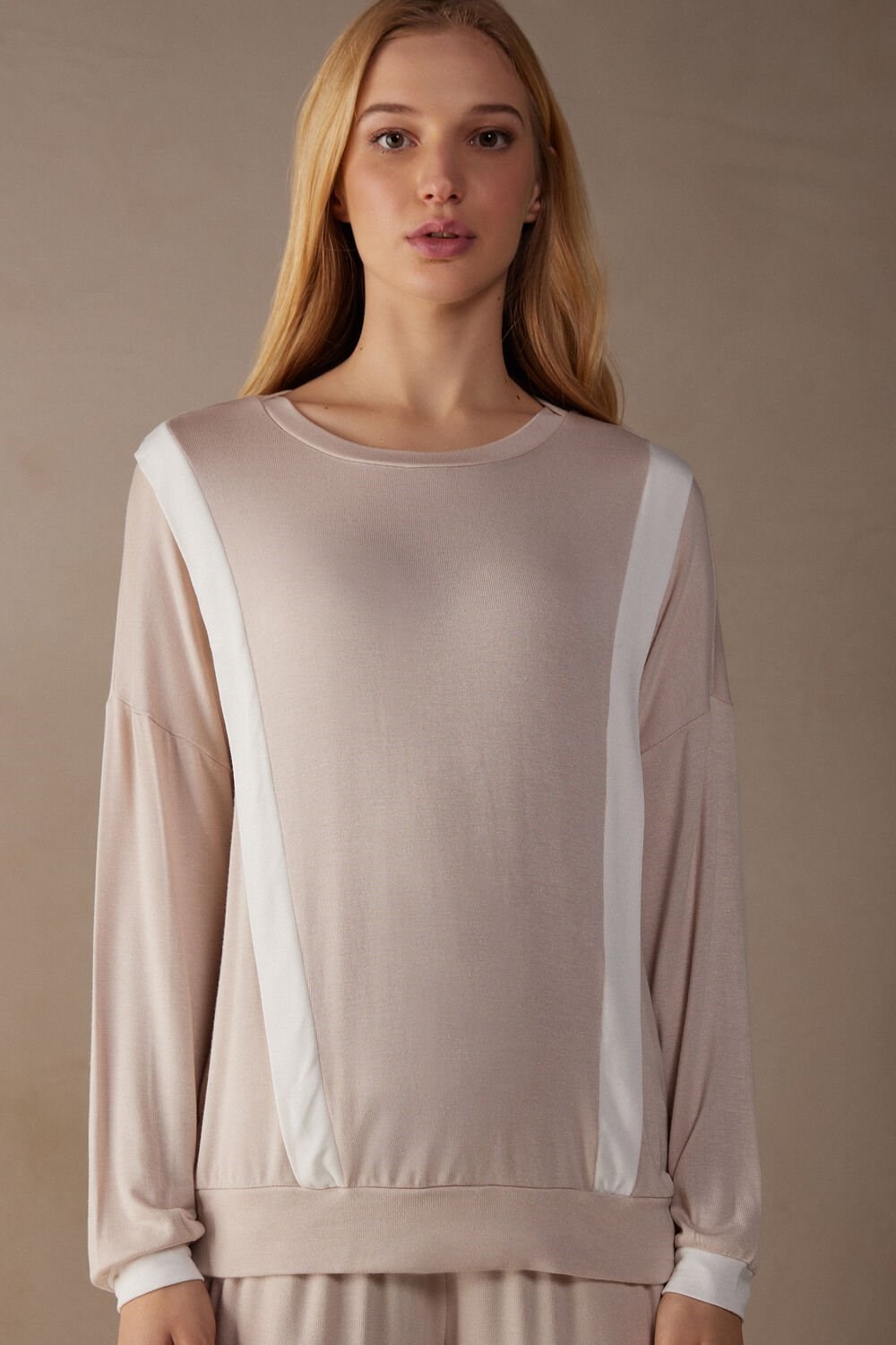 Pale Pink - 227j - Silk Pink / Talc White Intimissimi Simple Elegance Long Sleeve Top in Modal | LOXZR7063