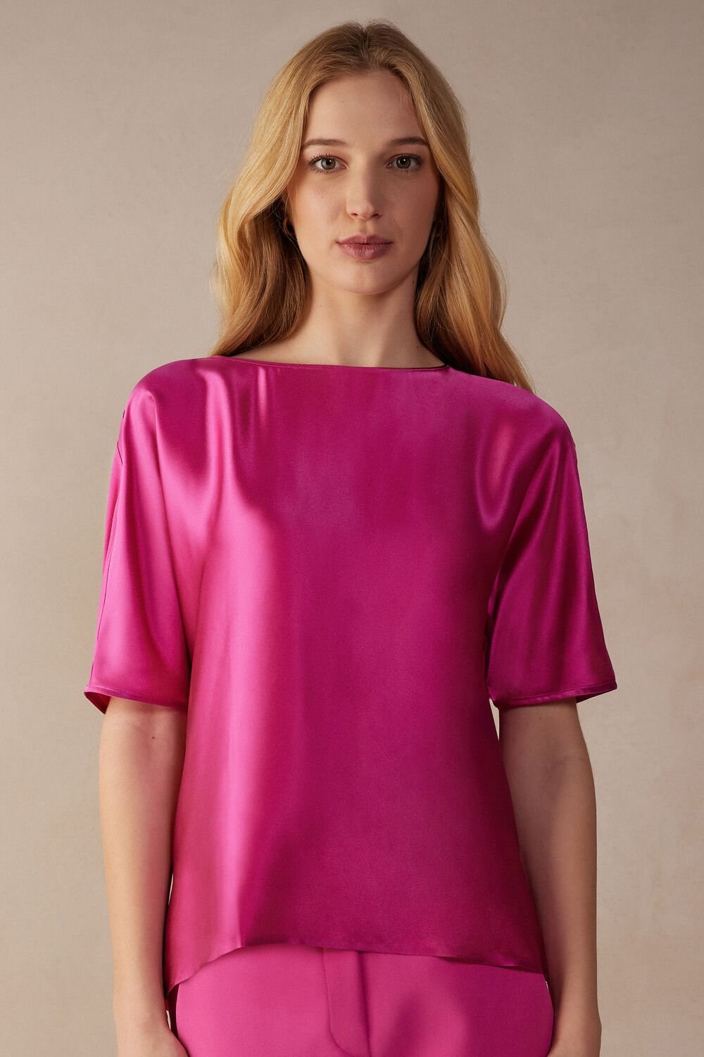 Pink - 206j - Valentine Pink Intimissimi Short Sleeve Silk and Modal Top | SNMUT2651