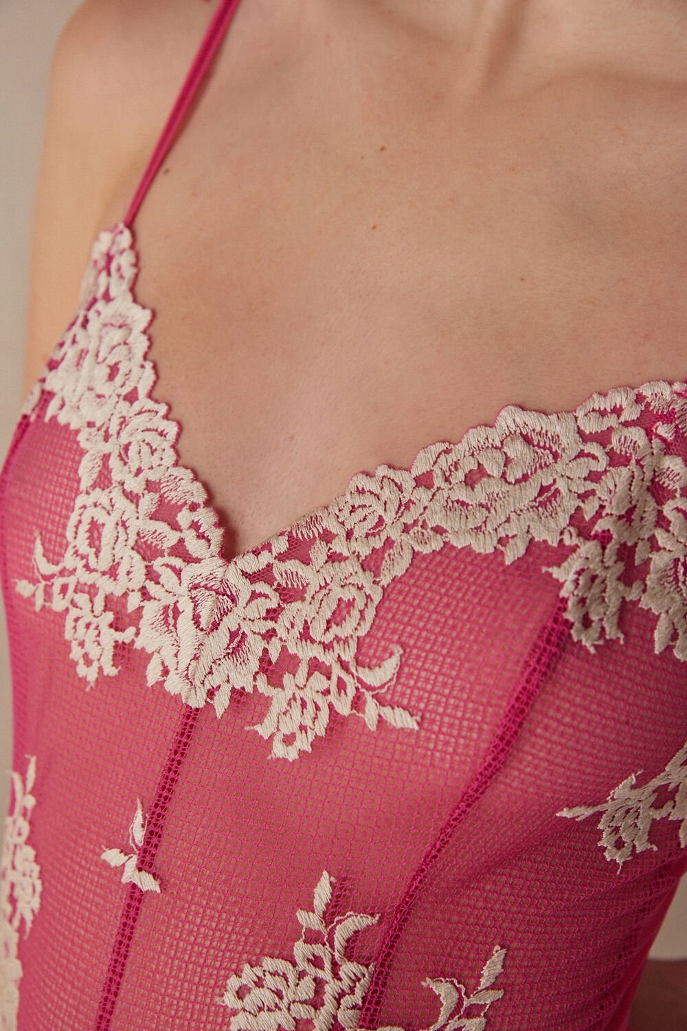 Pink - 213j - Valentine Pink / Ivory Intimissimi Pretty Flowers Tulle and Lace Bodysuit | JOSWA5672