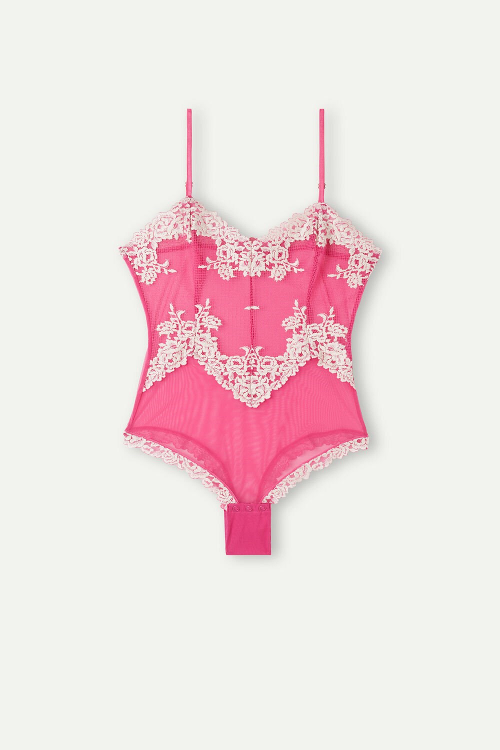 Pink - 213j - Valentine Pink / Ivory Intimissimi Pretty Flowers Tulle and Lace Bodysuit | JOSWA5672