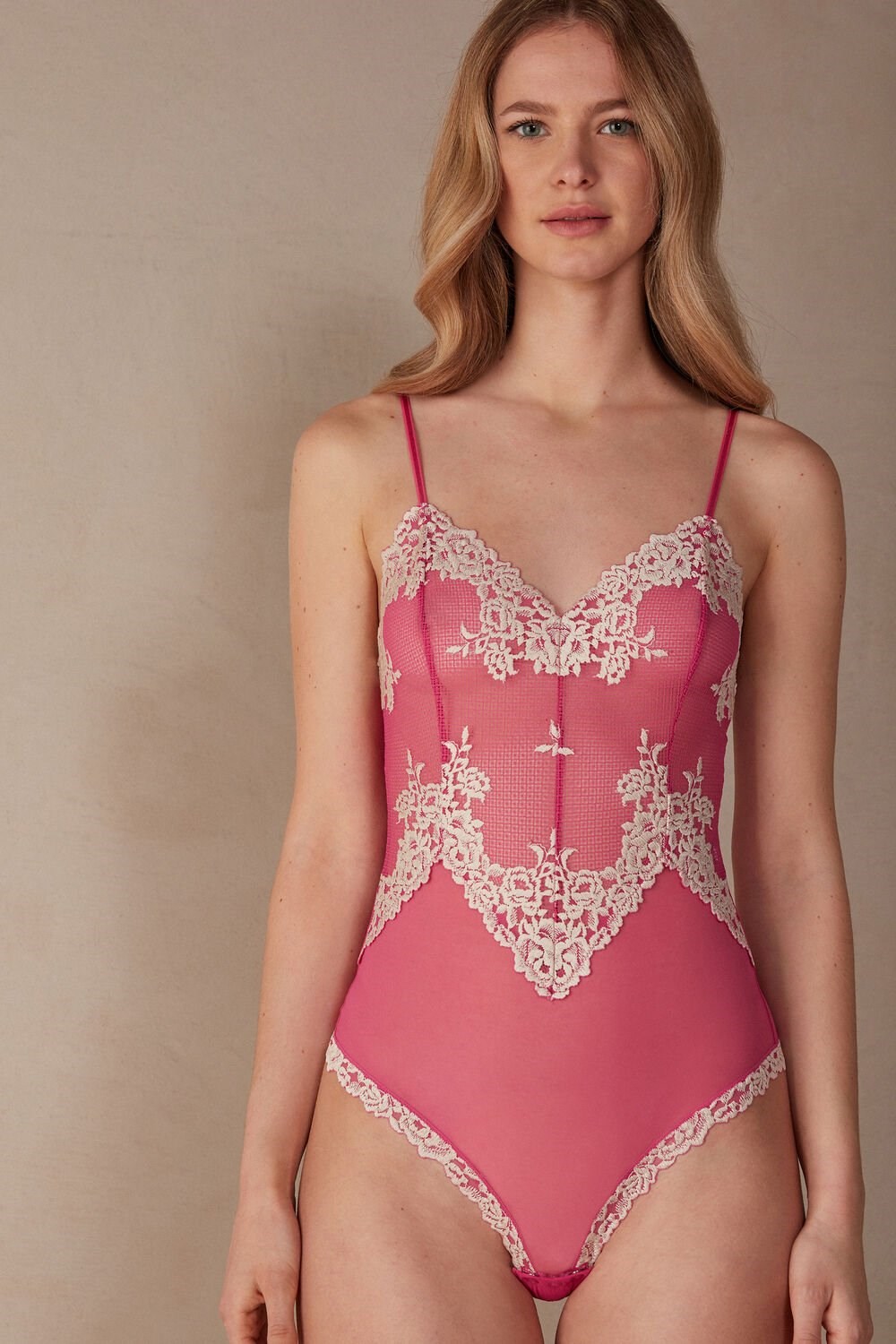 Pink - 213j - Valentine Pink / Ivory Intimissimi Pretty Flowers Tulle and Lace Bodysuit | JOSWA5672