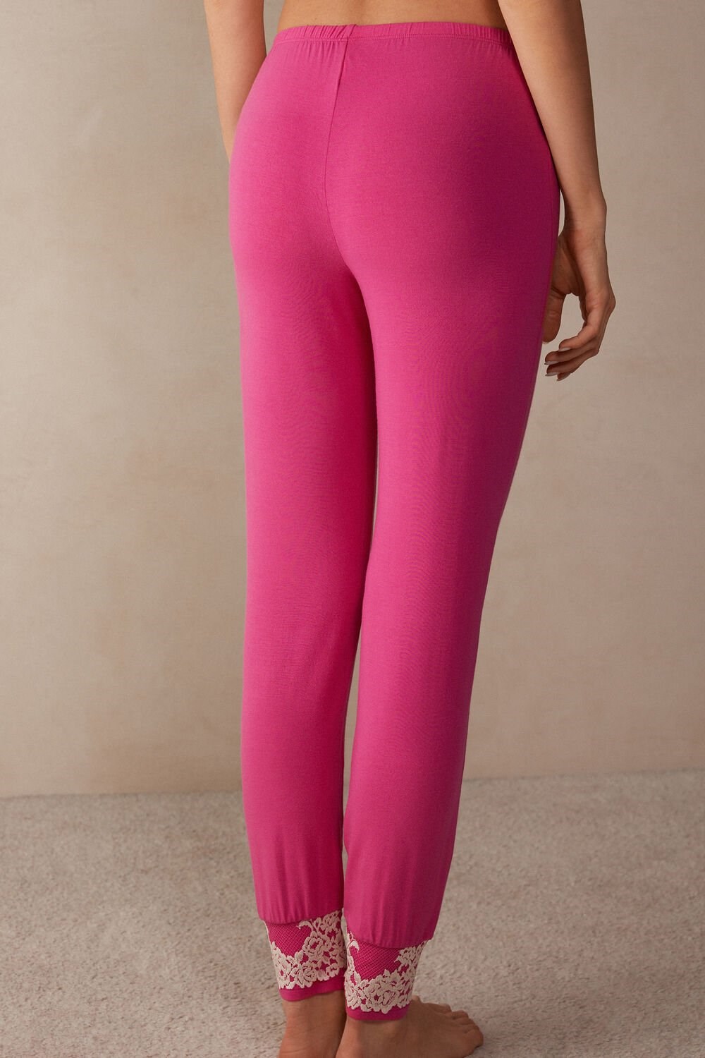 Pink - 213j - Valentine Pink / Ivory Intimissimi Pretty Flowers Full Length Cuffed Modal Pants | NVWTF2718