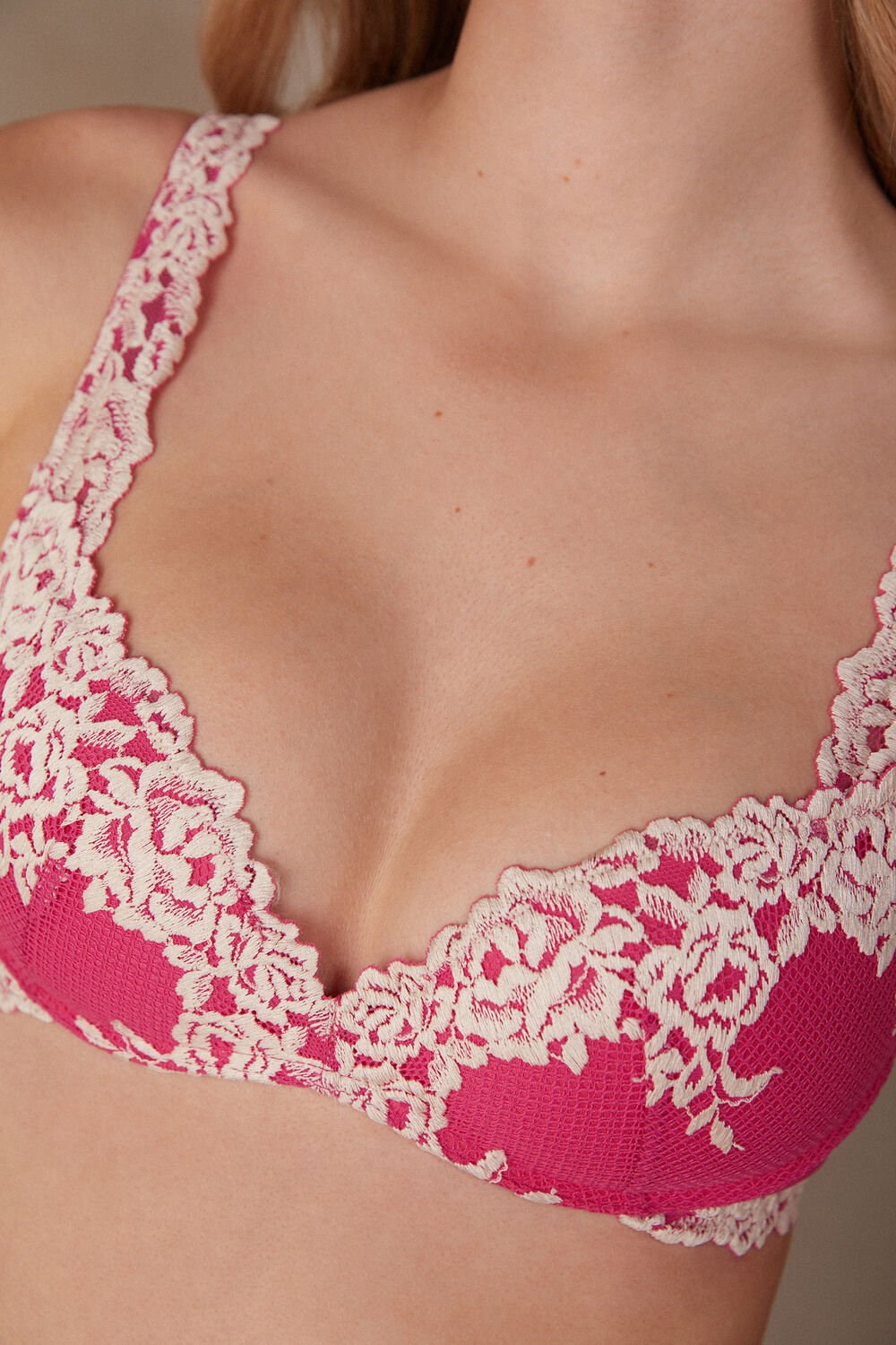 Pink - 213j - Valentine Pink / Ivory Intimissimi Pretty Flowers Gioia Super Push-up Bra | UDQEO4759