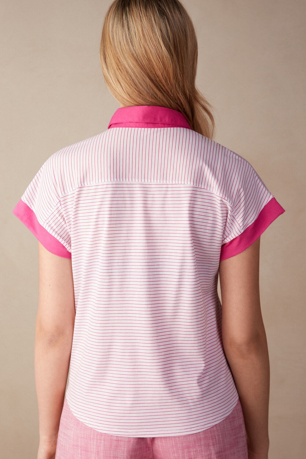 Pink - 247j - Valentine Pink Stripe Intimissimi Strawberry Milkshake Short Sleeve Top in Supima® Ultrafresh Cotton | DZVQB4936