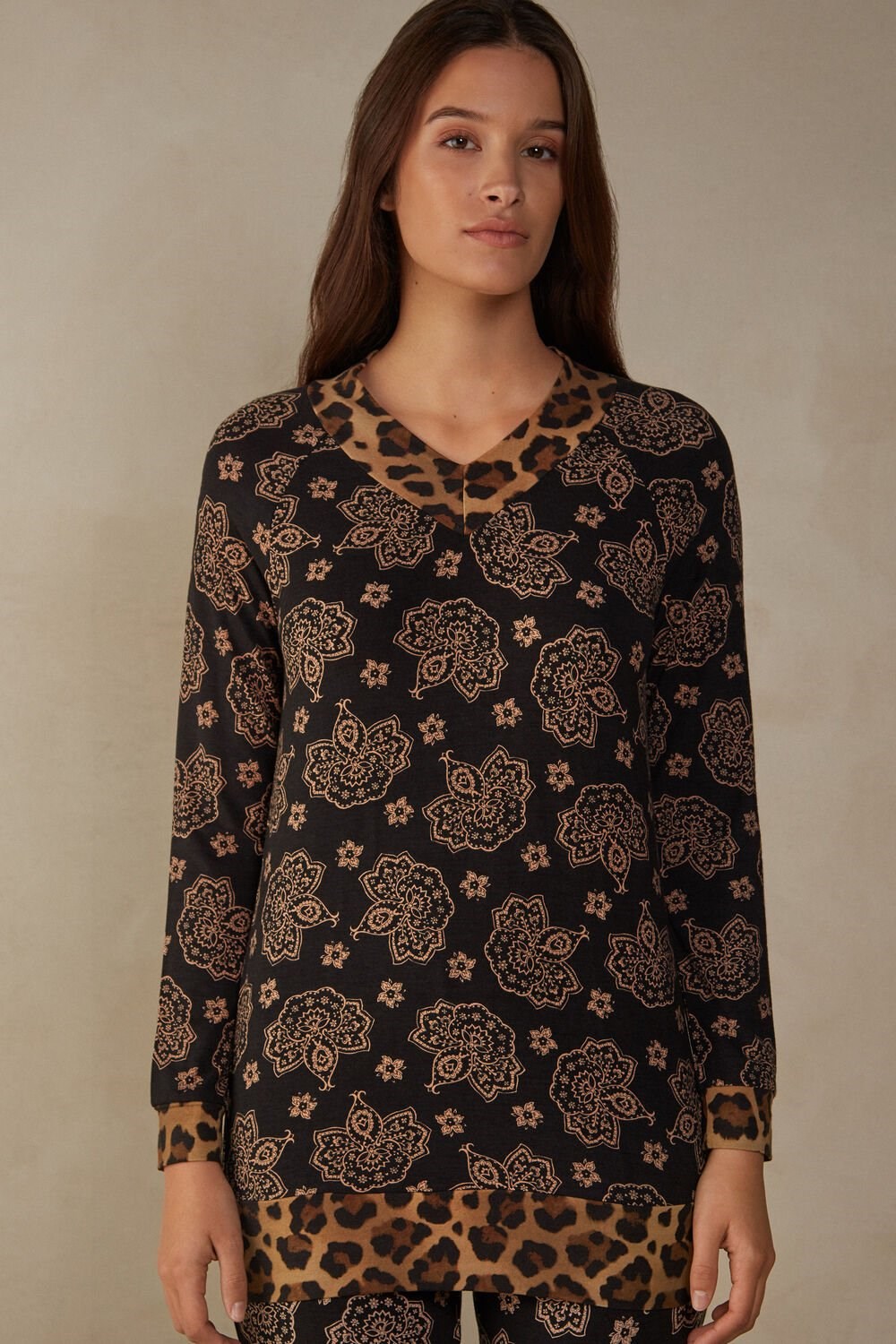 Print - 146j - Black Paisley / Animal Print Intimissimi Lady Animalier Long Sleeve Modal Top | ARXCU4281