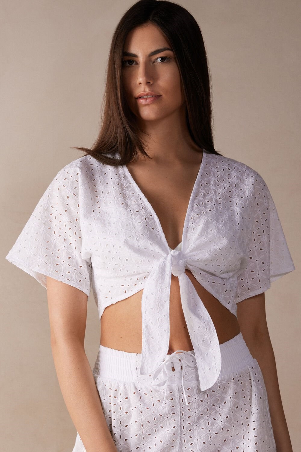 White - 001 - White Intimissimi Hello Sunshine Sangallo Lace Tie-Front Top | BXFDH4286