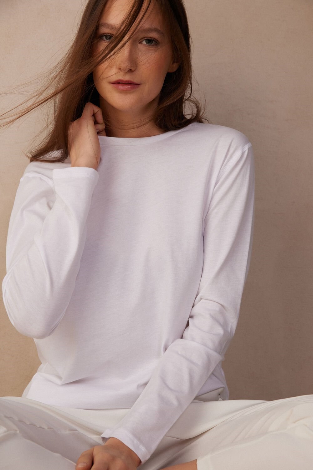 White - 001 - White Intimissimi Oversized Long Sleeve Top in Supima® Cotton | LCIKB6157