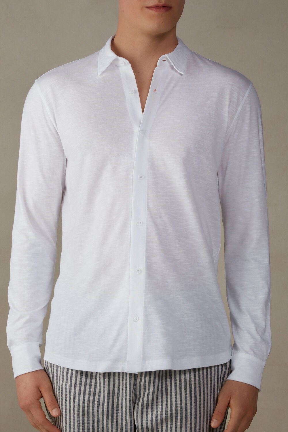 White - 001 - White Intimissimi Slub Cotton Long Sleeve Shirt | EMYBL7643