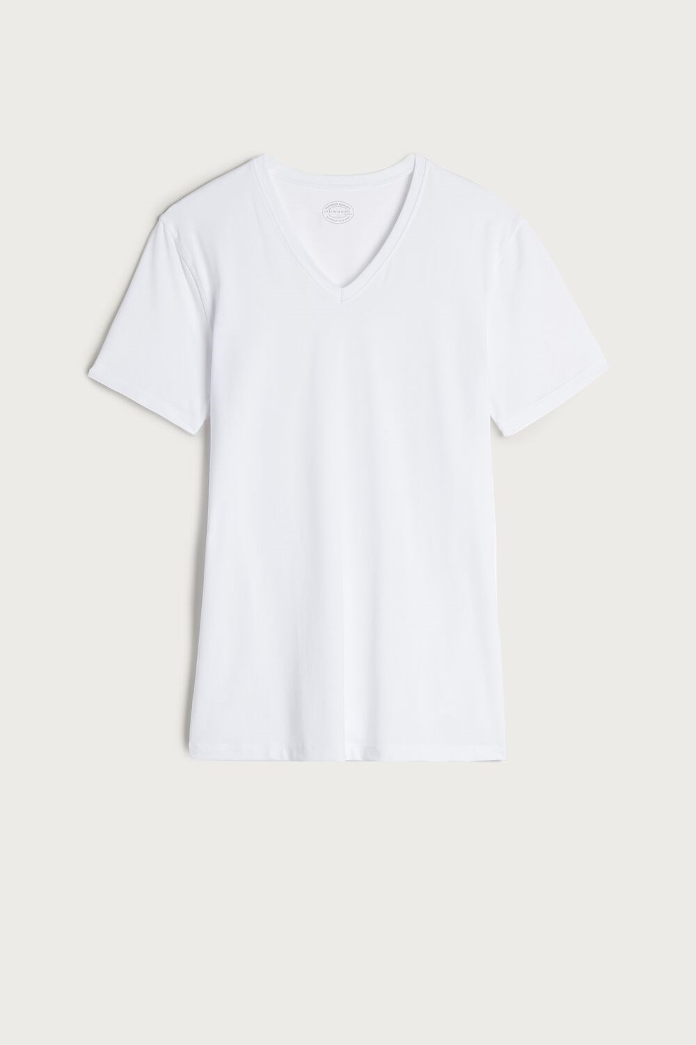 White - 001 - White Intimissimi V-neck T-shirt in Stretch Supima® Cotton | YPJVR9278