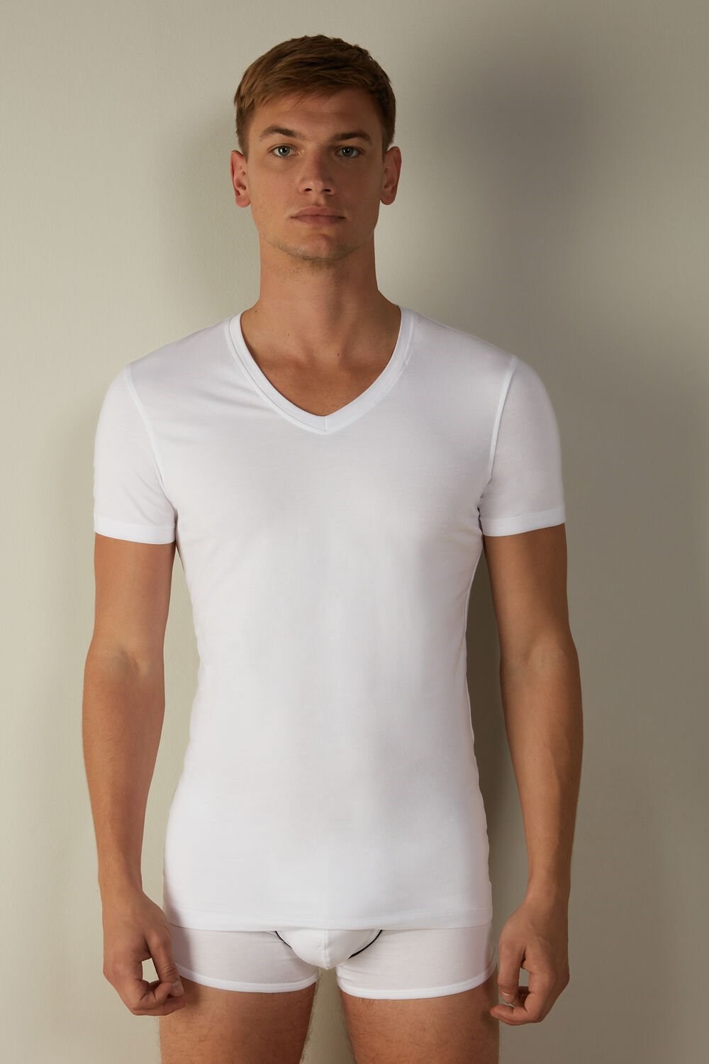 White - 001 - White Intimissimi V-neck T-shirt in Stretch Supima® Cotton | YPJVR9278