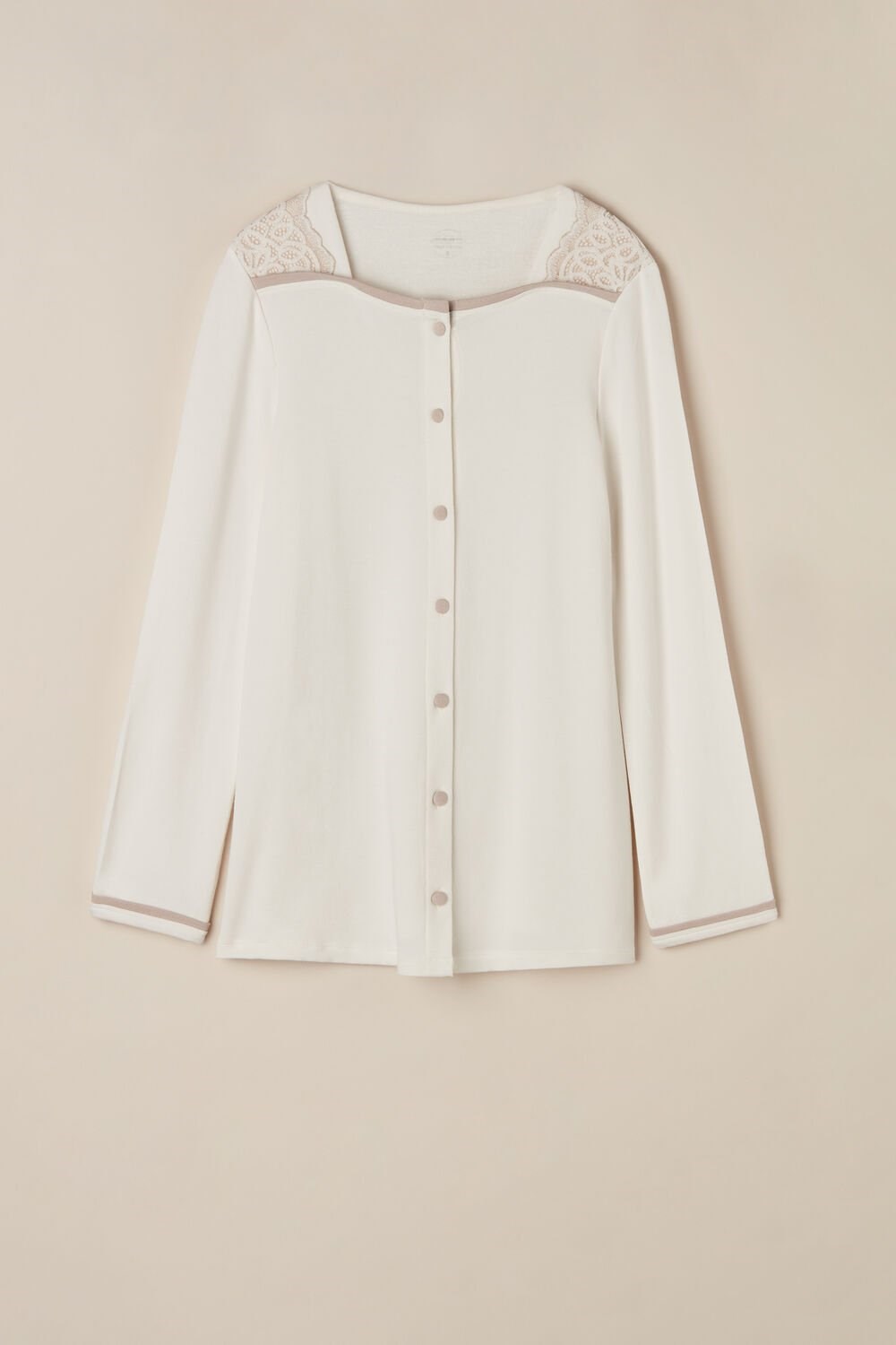 White - 157j - Powder White / Dusty Pink Intimissimi Romantic Bedroom Button Up Top in Modal with Wool | YRTWS3857