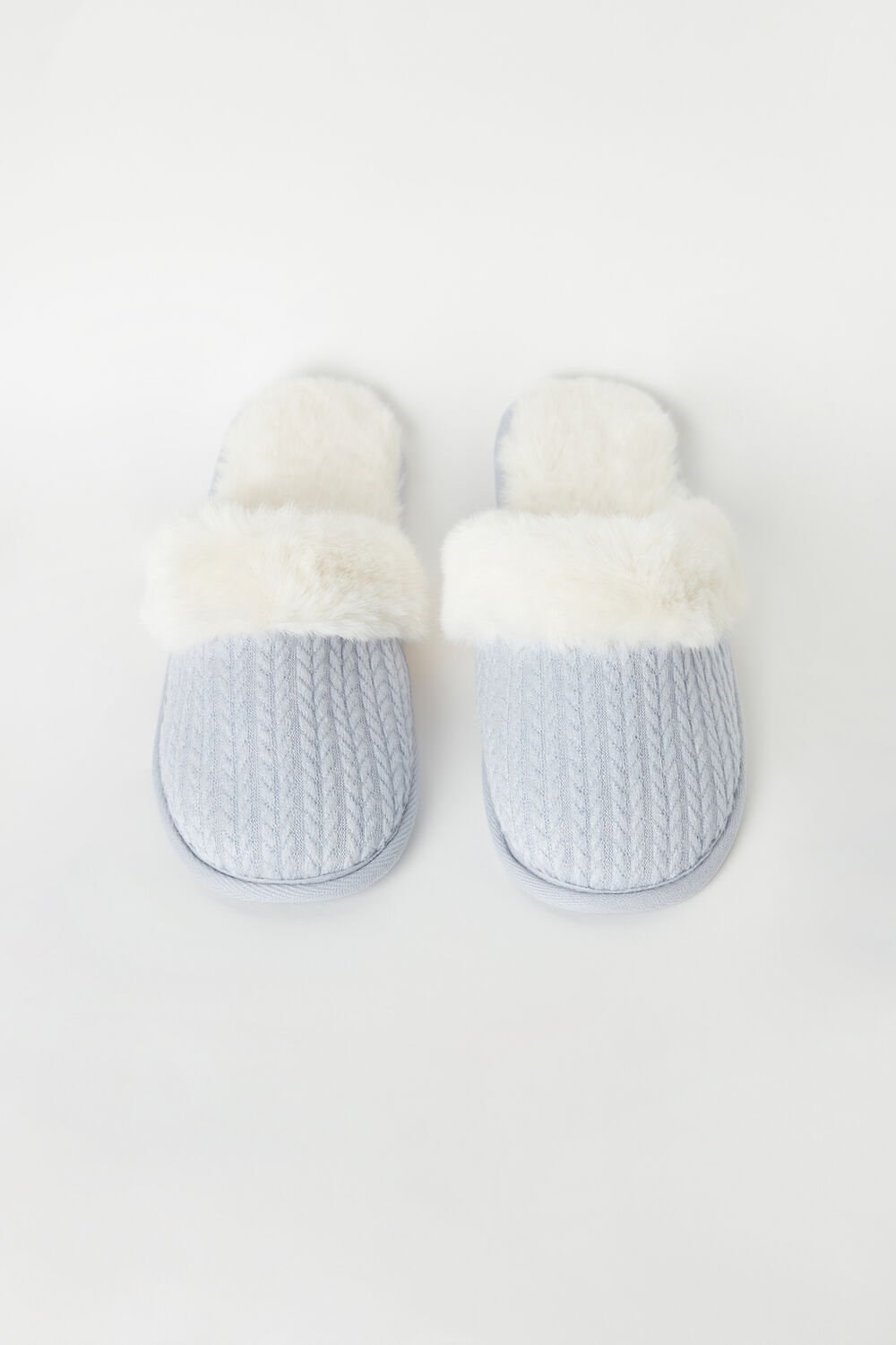 White - 161j - Light Blue Intimissimi Ribbed Velvet Slippers with Faux Fur | MDZSQ3421