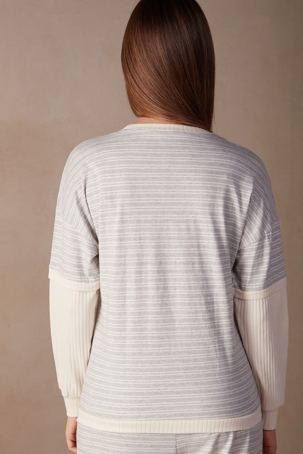 White - 224j - Heather Gray / Vanilla Beige Stripe Intimissimi Casual Sunday Long Sleeve Top | CZWNL9647